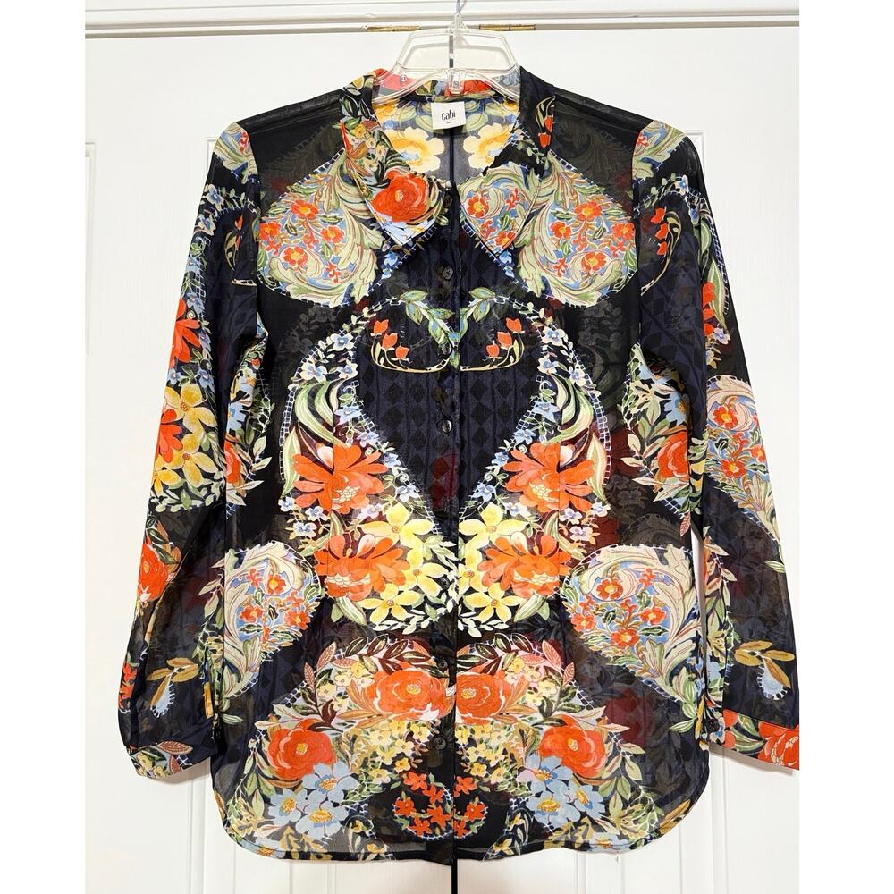 Cabi Navy Floral Print Long Sleeve Sheer Blouse, Size M